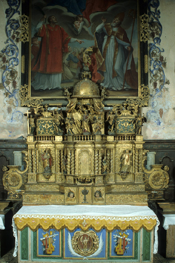 ensemble du maître-autel (autel, 2 gradins d'autel, 2 tabernacles, exposition, 12 statues, tableau)