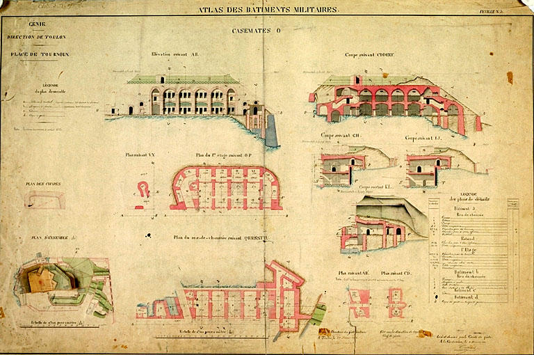 Atlas des bâtiments militaires. Génie. Direction de Toulon. Place de Tournoux. Casemates O, 1866.