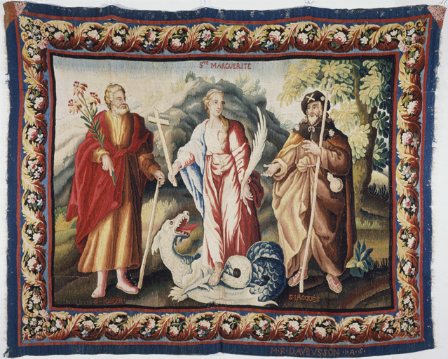 tableaux de tapisserie (3) : Saint Joseph, Sainte Marguerite d'Antioche, Saint Jacques le Majeur, Saint Pierre, Saint Paul