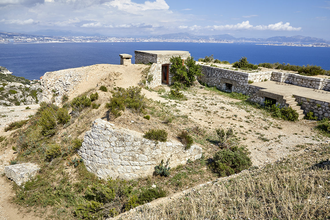Intérieur de la batterie vu vers le sud-est, ruines de la rampe, cour botdant la plate-forme, poste de direction de tir.