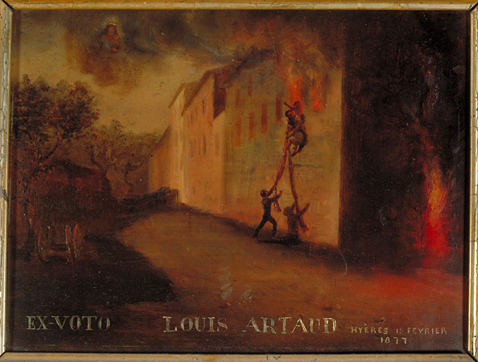 tableau, ex-voto : Incendie d'une maison