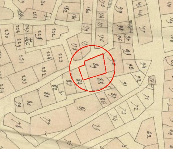 Plan de masse d'après le plan cadastral de 1839, section F1. Echelle d'origine 1/1000e.