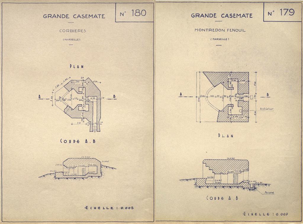  [Plans et coupes des casemates (Regelbau 671) des batteries de Corbière, de Fenouil et de Montredon],1946.