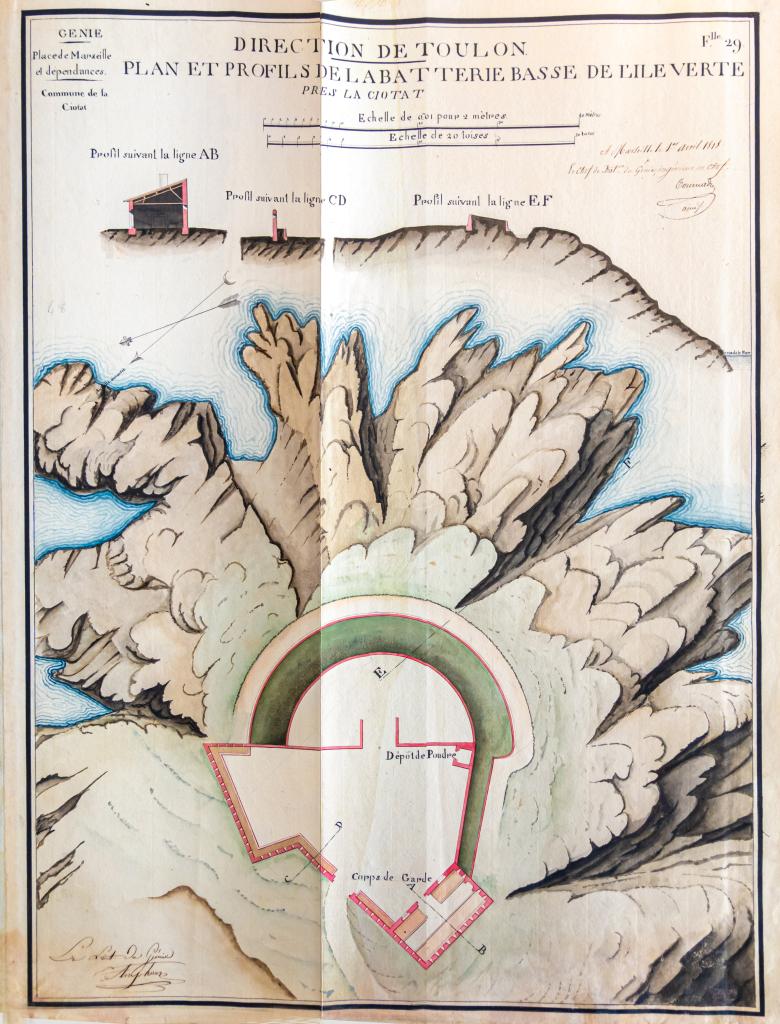  Plan et profils de la batterie basse de l'île Verte près La Ciotat, 1818.