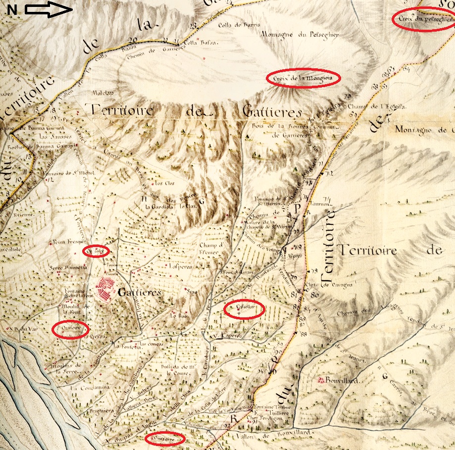 Plan topographique du cours du Var (entre Bonson et la mer). [Détail : Gattières, croix et oratoires, 1759.]. 