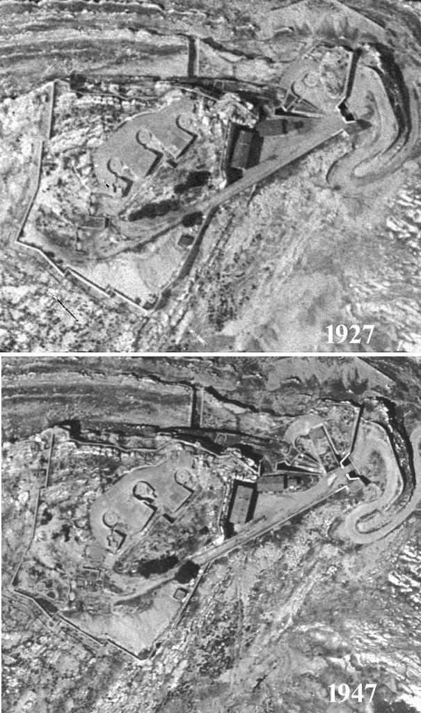 Montage de deux vues aériennes verticales comparées de la batterie du Mont Rose en 1927 et 1947.