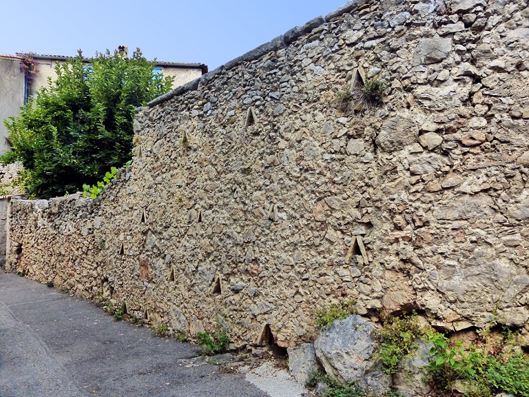 Vue d'ensemble prise de l'est depuis la rue Roger Avon avec le mur de l'aire à battre au premier plan et le batiment du logis en arrière plan. 