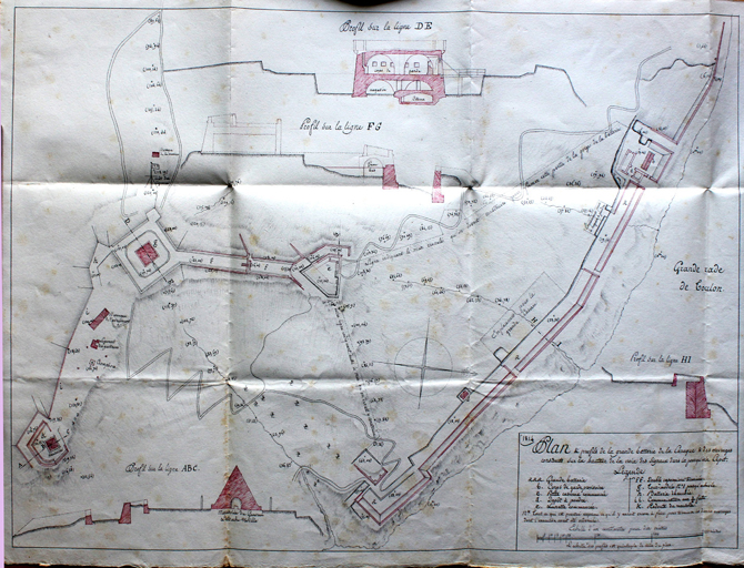 Plan & profils de la grande batterie de la Carraque et des ouvrages construits sur la hauteur de la Croix des Signaux dans la presqu'île de Cépet. 1814.