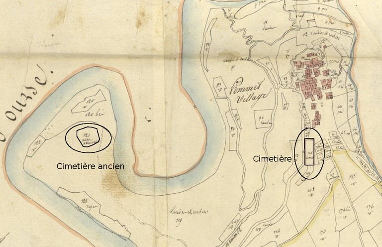 Localisation de l'ancien cimetière du Castellac et du cimetière actuel, sur le plan cadastral de 1824.