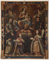 Cadre et tableau : Donation du rosaire à saint Dominique de Guzman et sainte Catherine de Sienne avec Louis XIV enfant, Anne d'Autriche, saint Joseph et saint Jacques