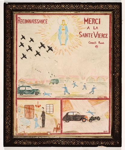 ex-voto, tableau : Triptyque : Bombardement, bébé malade, accident de moto