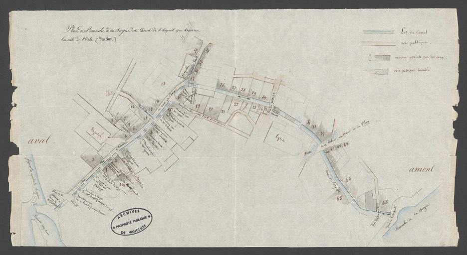 Plan des branches de la Sorgue dite canal de l'Arquet qui traverse la ville de l'Isle, vers 1847.