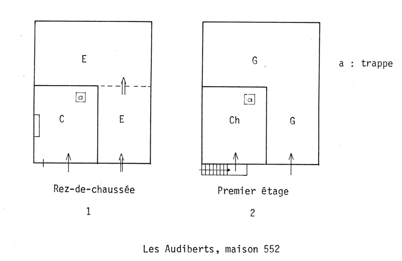 Les Audiberts. Ferme 552. Plans du rez-de-chaussée et du premier étage.