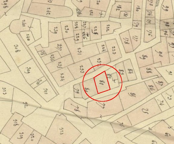 Plan de masse d'après le plan cadastral de 1839, section F1. Echelle d'origine 1/1000e.