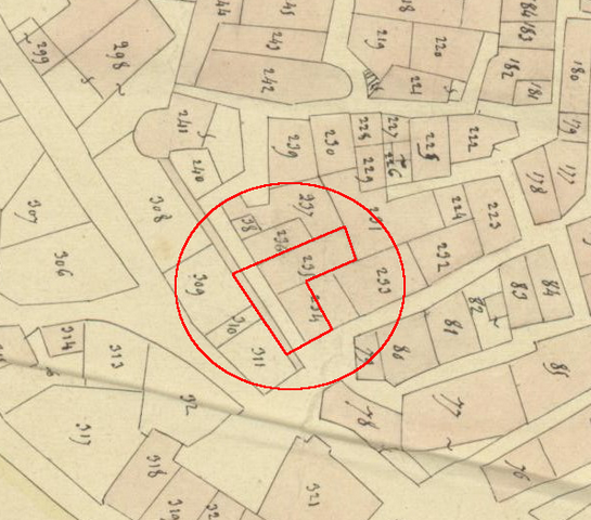 Plan de masse d'après le plan cadastral de 1839, section F1. Echelle d'origine 1/1000e.