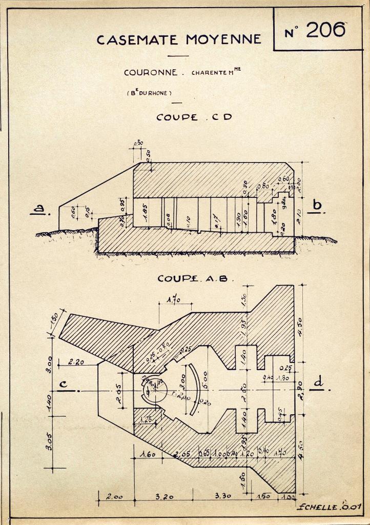  [Plans et coupe d'une casemate de flanquement de la batterie de La Couronne],1946.