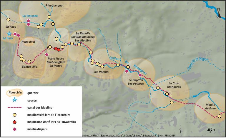 Localisation des moulins de la Foux et du canal des moulins.