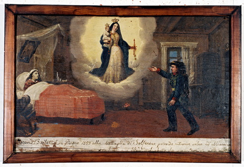 ex-voto, tableau : Demande de guérison d'une femme, retour de son mari soldat de la bataille de Solférino