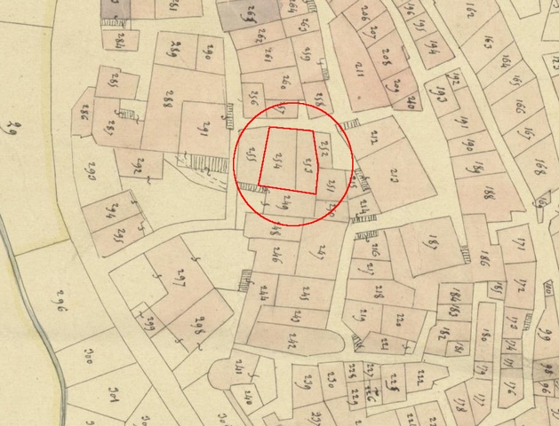 Plan de masse, d'après le cadastre de 1839 (section F1). Echelle d'origine 1/1 000e.