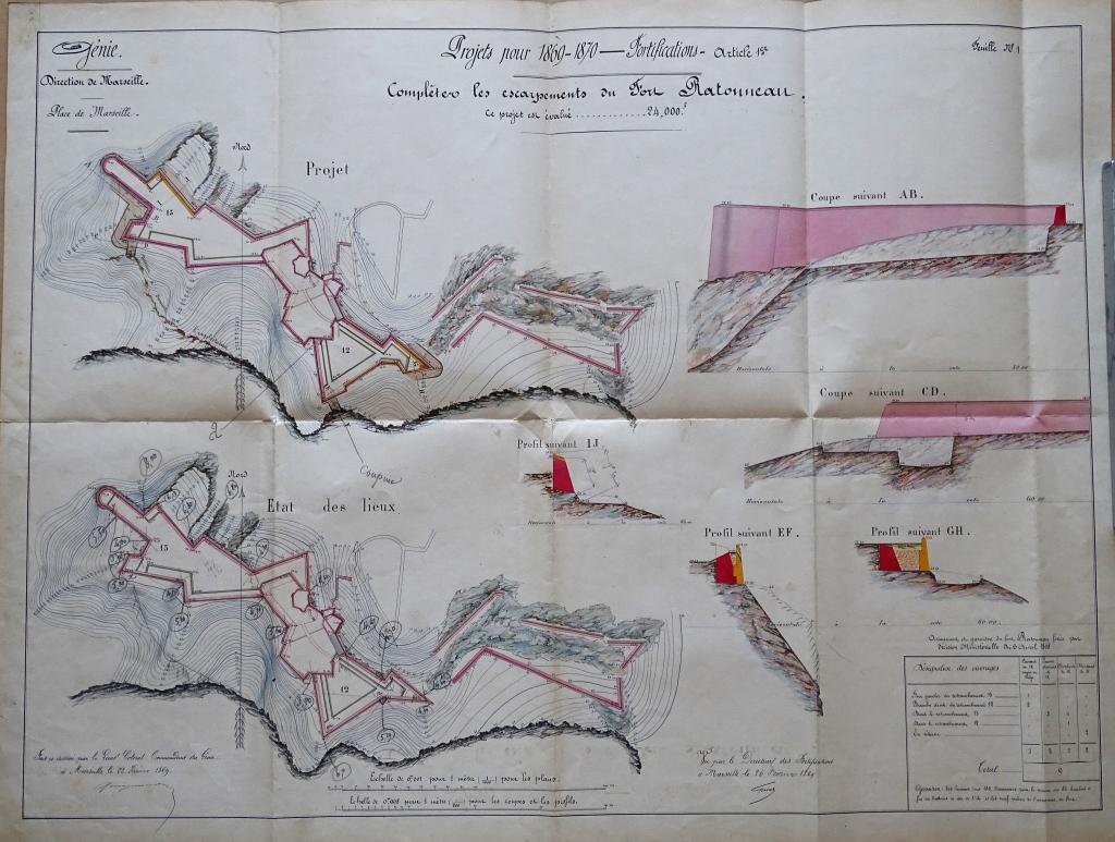 [Plans du fort de Ratonneau, état des lieux et état projeté], 1869.