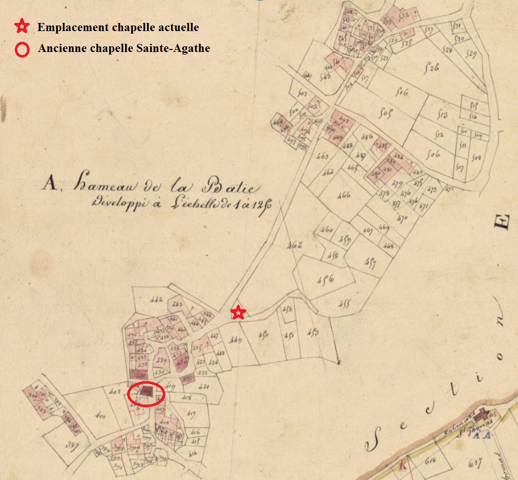Sur le cadastre de 1827, plan de masse et de situation de l'ancienne chapelle Sainte-Agathe et emplacement de la chapelle de 1861.