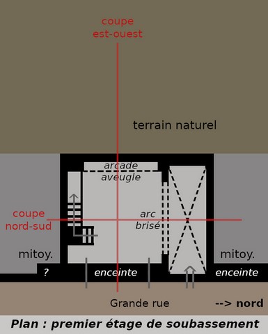 Plan schématique du bâtiment : premier étage de soubassement.