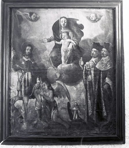 tableau, ex-voto : La Vierge et l'Enfant, saint Roch de Montpellier, saint Raymond, saint Côme et saint Damien