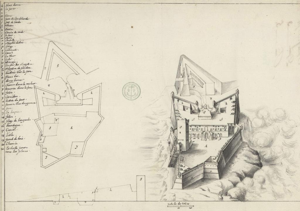 [Plan et vue cavalière du fort de la Tour de Bouc], c. 1640.