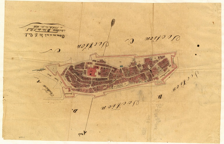 Plan de masse et de situation du village de Saint-Paul-de-Vence d'après le cadastre de 1833 (section B). 