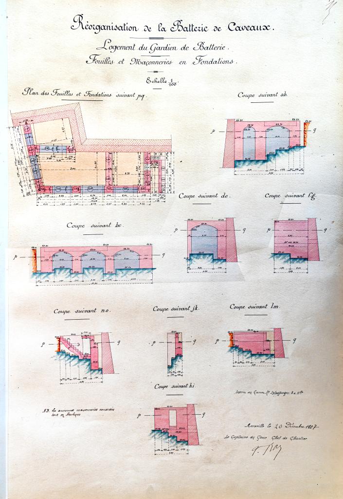 [Plans d'état de situation des travaux de réorganisation de la batterie de Caveaux, logis du gardien, caserne, magasins]. 1907-1908.