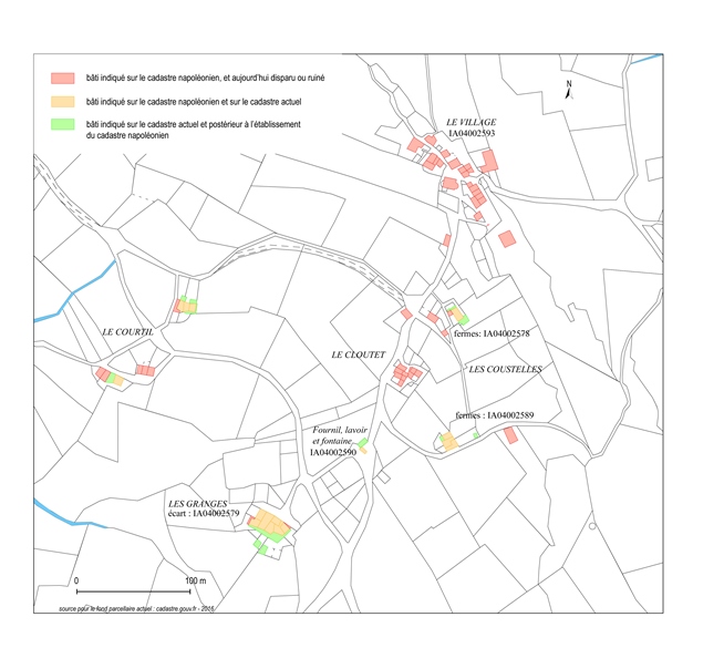 Carte figurant l'évolution du bâti de Courchons entre le cadastre napoléonien (1838) et le cadastre moderne.