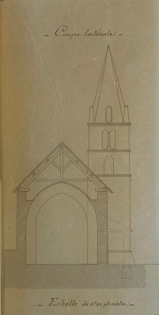 Coupe latérale [de l'église présentant la voûte de la nef à créer et la flèche du clocher à reconstruire, vers 1870].