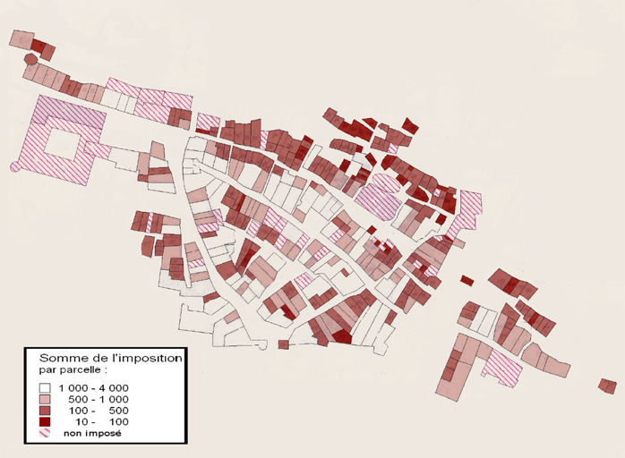 D'après le cadastre de 1685, répartition des bâtiments d'après le montant de la somme des impositions applicables à chaque parcelle.