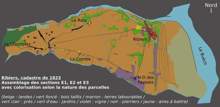 Extrait du plan cadastral de 1823 : assemblage des sections E1, E2 et E3 avec colorisation selon la nature des parcelles.