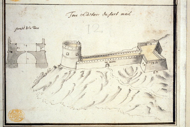 Tour et dehors [?] du Port mail. [Vue perspective du fort de Port Man et coupe de la tour.] [vers 1660]