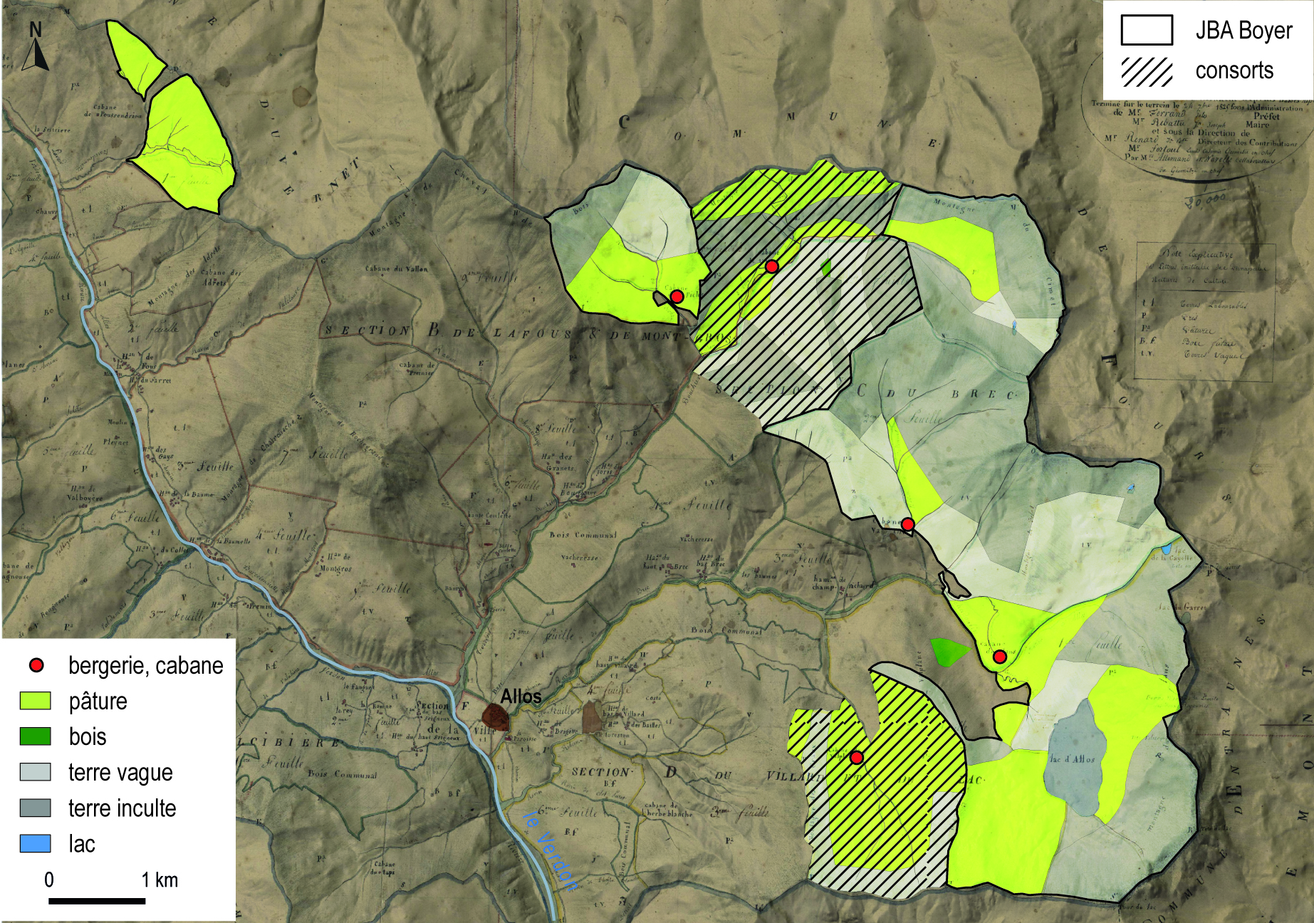 Etat et localisation de la propriété de Jean-Baptiste André Boyer (et consorts) à Allos, d'après le cadastre de 1825.