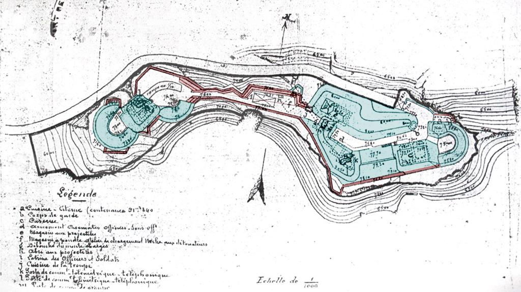 [Plan d'état des lieux du fort de Pomègues après 1898], c. 1910. Colorié en vert pour la campagne 1880-1881.