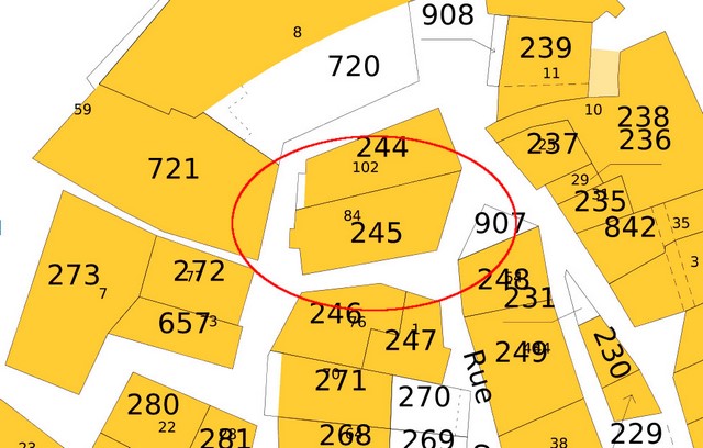 Plan de masse, d'après le cadastre de 2024 (section 000F). Echelle d'origine 1/500e.