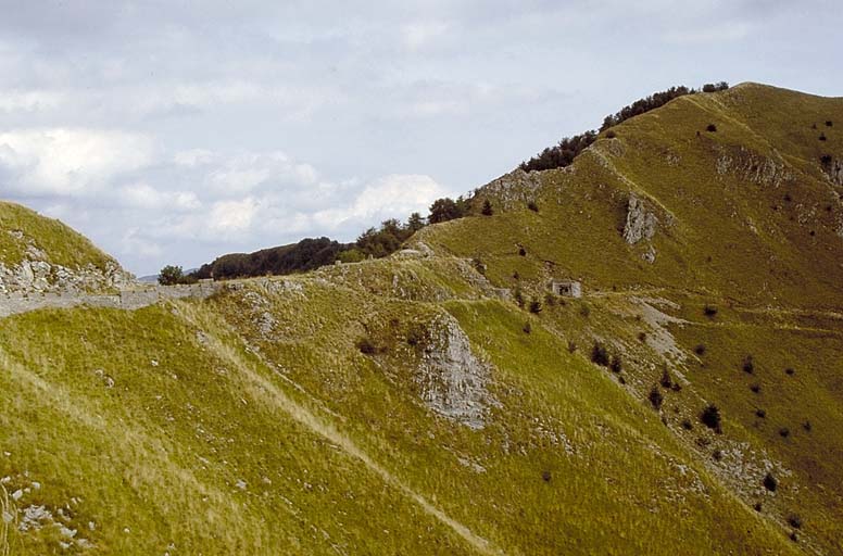 Vue d'ensemble de l'ouvrage prise du nord depuis la Baisse de la Déa. De gauche à droite, bloc 3 (cloche GFM), bloc 1 (entrée nord), bloc 2 (entrée sud).