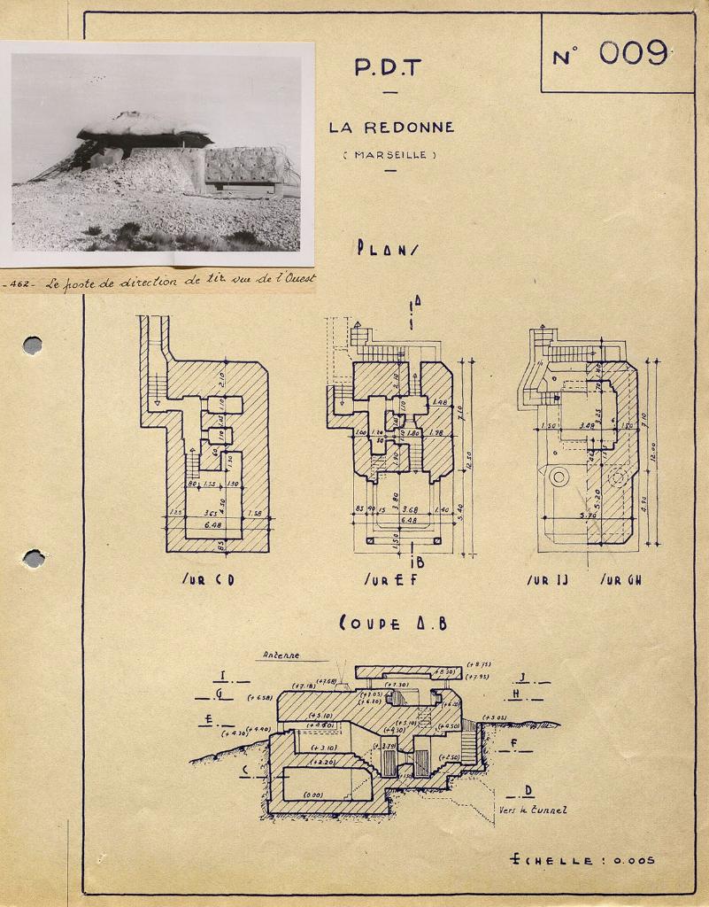 [Plan, coupe et vue du poste de direction de tir (Sonderbau) camouflé de la batterie de la Redonne], 1946.