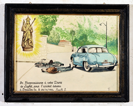 ex-voto, tableau : Cycliste renversé par une voiture automobile (N° 2)