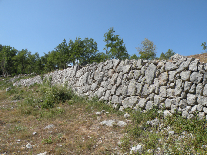 Oppidum du Bas-Gourdan : mur de soutènement en pierre sèche.