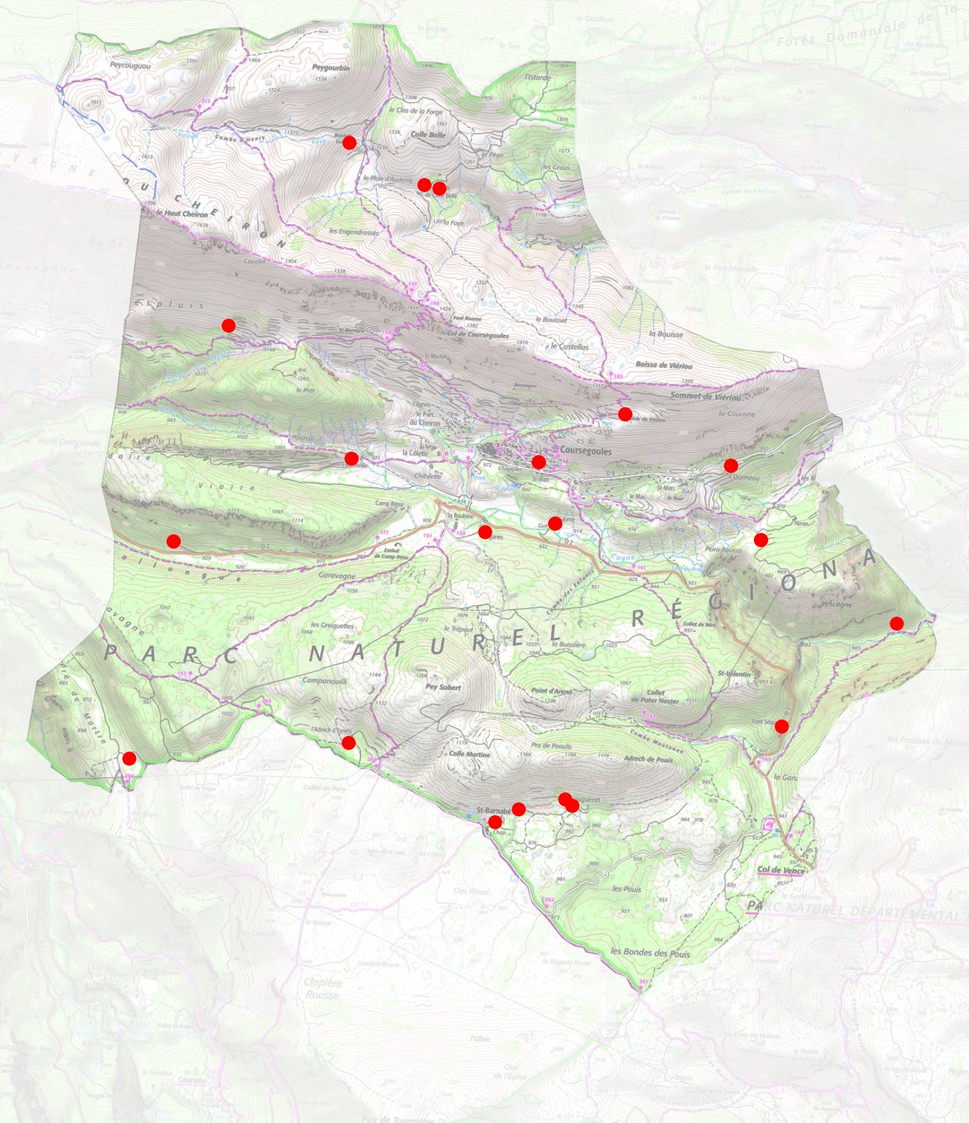 Localisation des fermes sur le territoire communal de Coursegoules.