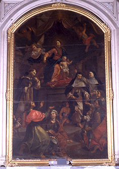 tableau d'autel de l'ensemble du Rosaire : La Vierge à l'Enfant remettant le rosaire à sainte Catherine de Sienne et saint Dominique