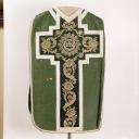 ensemble de vêtements liturgiques (N° 1) : chasuble, étole, manipule, bourse de corporal, voile de calice (ornement vert)