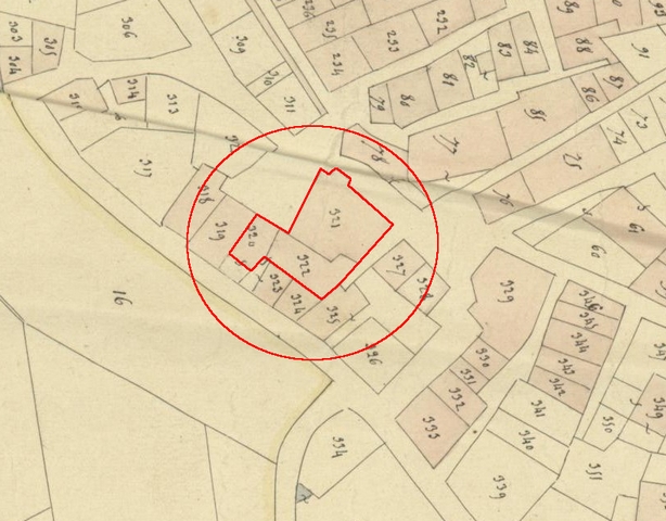 Plan de masse d'après le plan cadastral de 1839, section F1. Echelle d'origine 1/1000e.