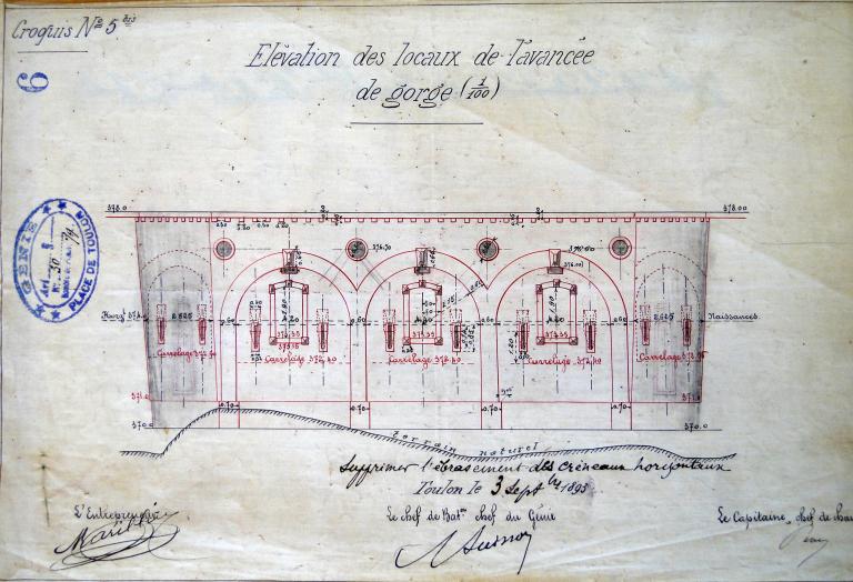 Elévation de l'avancée de gorge. [Fort du Pipaudon. Elévation de la façade des casemates de l'avancée dans la courtine de son revêtement.], 3 septembre 1893.