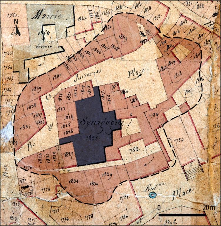 Plan de masse et de situation de la juiverie d'après le cadastre de Carpentras, 1834 (section K). Echelle d'origine 1/1250.