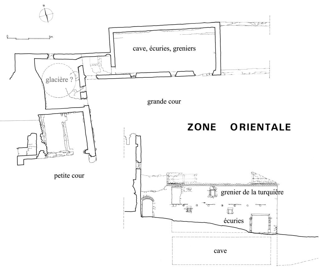 Restitution de la distribution du château en 1792 à partir de l'inventaire du mobilier de César de Pontevès, basses-cours orientales, sur fond de relevé 1968.