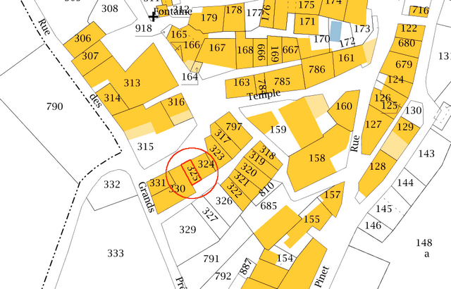 Plan de masse, d'après le cadastre de 2021 (section 000F). Echelle d'origine 1/500e.